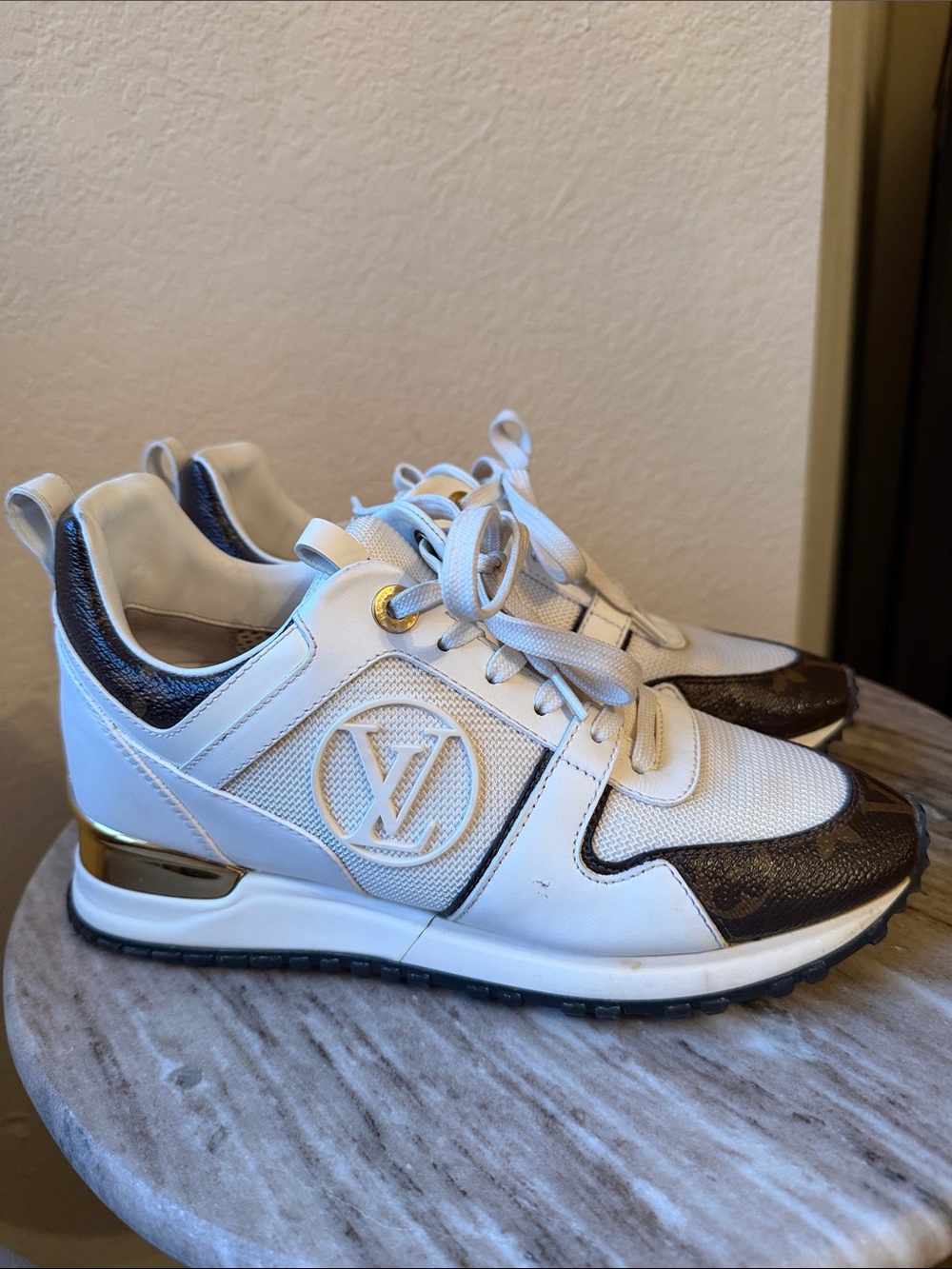 Louis Vuitton White & Brown LV Logo Mesh Leather Sneakers